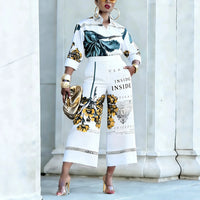 Women'S 2-Piece Floral Letter Print Outfit, Long Sleeve Button-Down Shirt & High Waist Wide Leg Pants, Elegant Casual Co-Ord Set