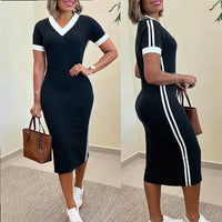 Side Stripe V Neck Bodycon Dress, Spring Summer Fitted Dresses for Women
