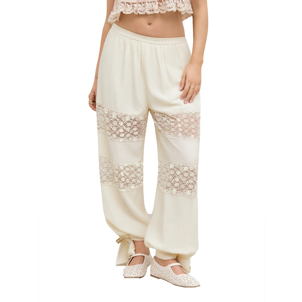 Women’S Solid Color Bloomer Pants Casual Elastic Waist Lace Patchwork Tie Knot Hem Pants Korean Chic Capris
