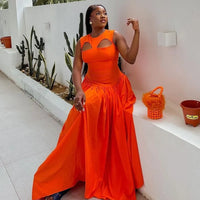 Summer Woman Dress Elegant Party Sleeveless round Neck Dresses Orange Cut Out Maxi Dress a Line Pleated Waist Long Dress
