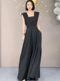 2022 Summer Black Suit Women'S Summer Thin Fashion V-Neck Sleeveless Waist Solid Wide Leg Jumpsuit