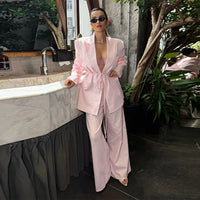 Lapel Women Suit Set Structured Shoulder Tie Waist Long Sleeve Blazer High Waist Wide Leg Trousers Two Piece Suit Daily Fashion
