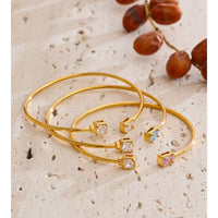 JINYOU 7705 Minimalist Open Cuff Bangle Stainless Steel PVD Real Gold Plated Square Blue White Cubic Zirconia Dainty Bangle