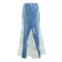 Long Maxi Denim and Lace Fish Tail Skirt Women S-XL Mermaid Style High Waist Summer 2025 Fashion New Ladies Skirts