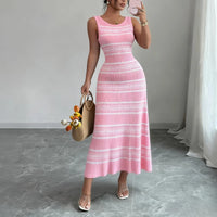 Women'S Pink Striped Sleeveless O Neck Stretchy Sundress Knit Bodycon Maxi Dress Pencil Summer Beach Vacation Daily Party Dress