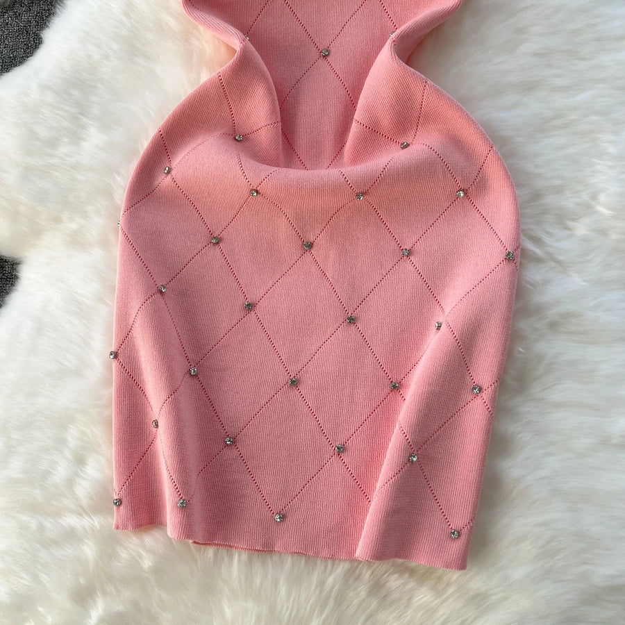 Beading Summer Women'S Knitting Sheath Tank Dress Female Bodycon Knitted Camisole Sleeveless Mini Dresses for Woman Outfits