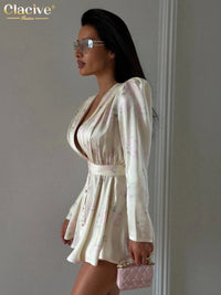 Fashion Loose Print Women'S Dress Sexy V-Neck Long Sleeve Mini Dresses Elegant Classic Pleated Female Dress Streetwear