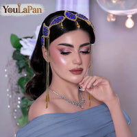 Luxury Green Color Rhinestone Leaf Bride Headband Golden Color Metal Tassel Hair Hoop Wedding Hair Accessories A365