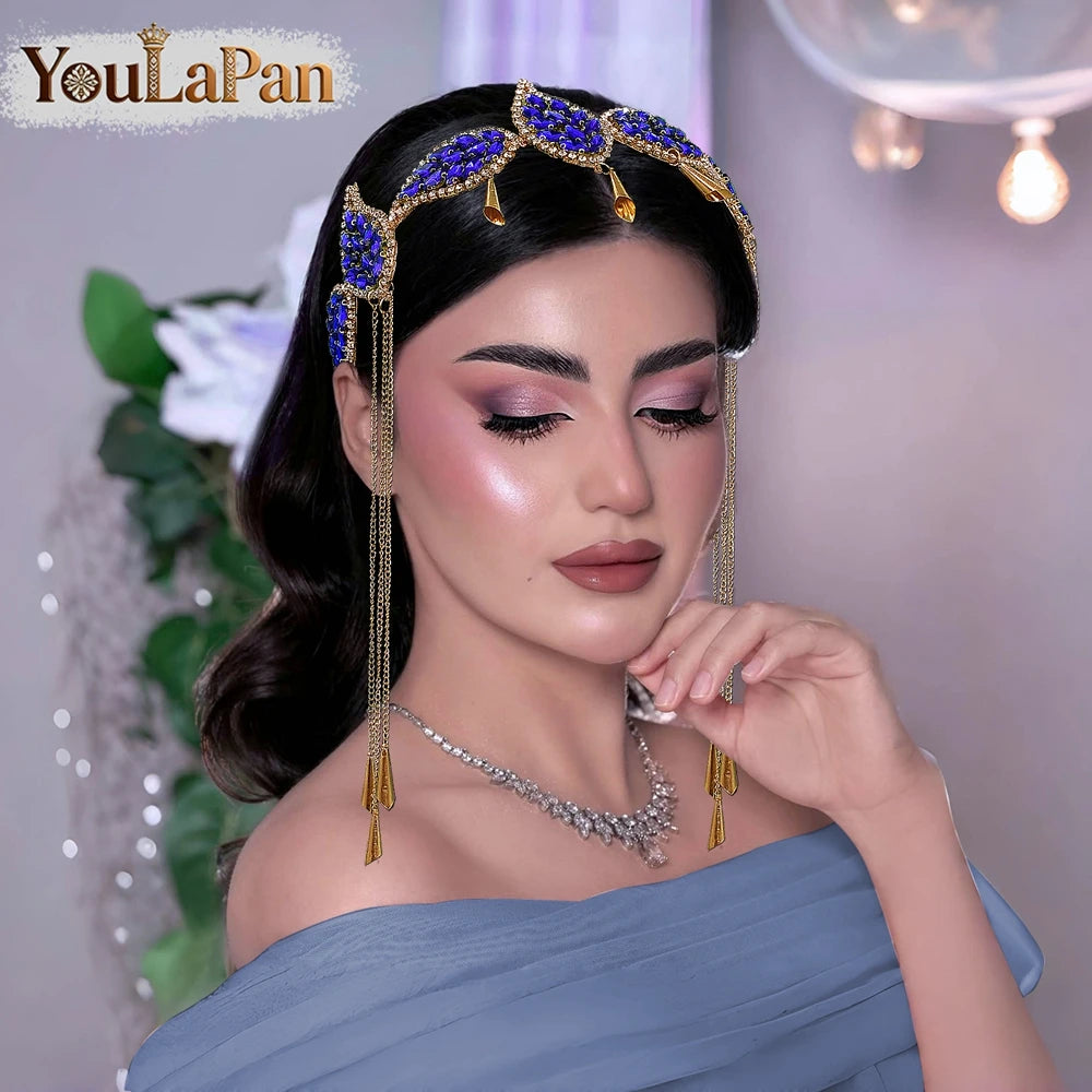 Luxury Green Color Rhinestone Leaf Bride Headband Golden Color Metal Tassel Hair Hoop Wedding Hair Accessories A365