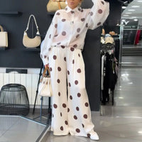 Women See through Polka Dot 2 Piece Sets Lapel Button Shirt High Waist Wide Leg Pants Outfits Casual Loose Summer Vacation Suits