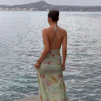 Sexy Floral Print Halter Neck Maxi Dress Women Deep V Neck Sleeveless High Slit Chiffon Bodycon Gown Summer Lady Vacation Robe