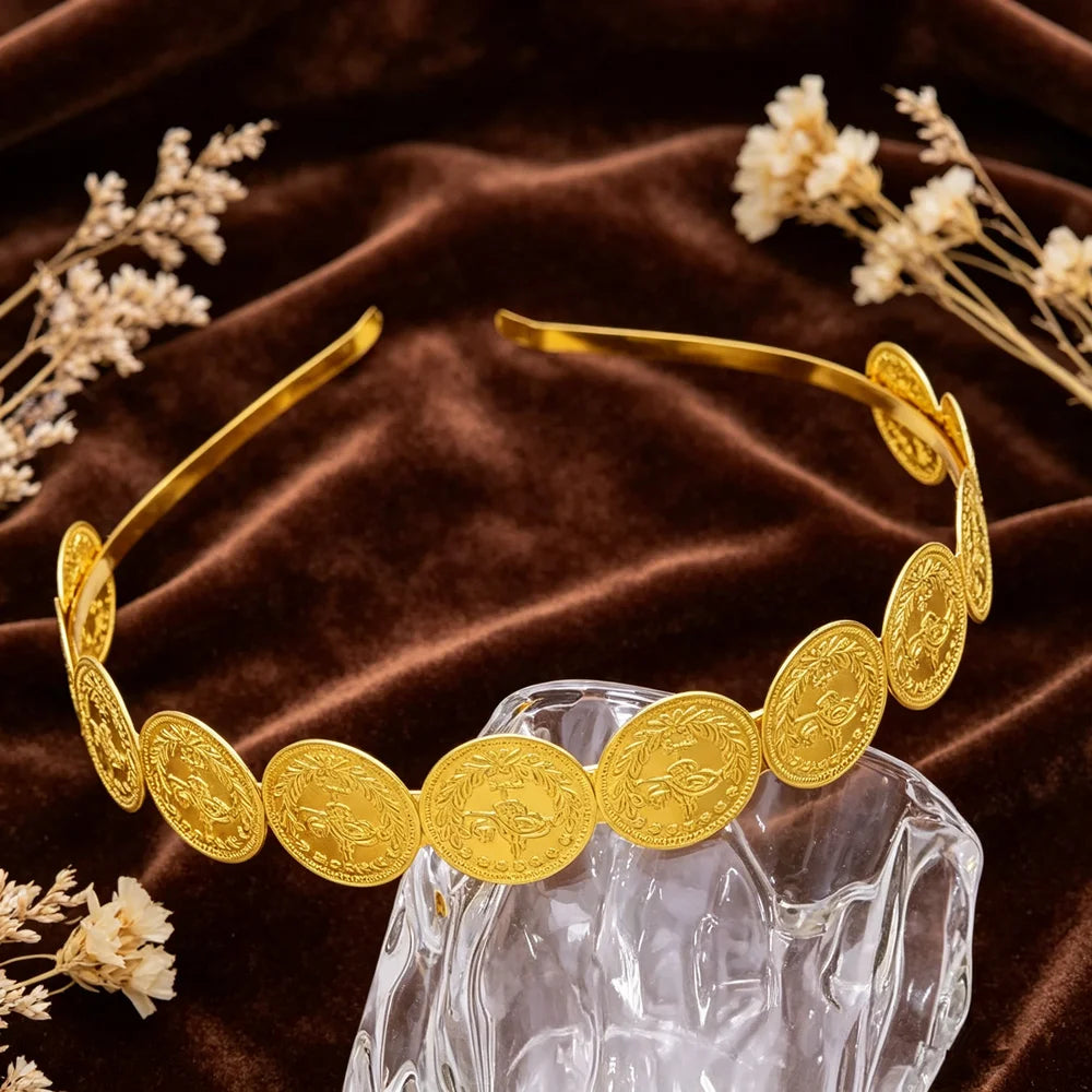 Vintage Golden Coin Headband for Women Engraved Coin Hair Hoop Arabic Ethnic Style Hair Accessory for Wedding Party
