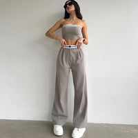 Women'S 2Piece Set Sexy Suit Set 2025 Summer New Fashion Asymmetrical Strapless Tank Top Lace up Wide Leg Pants Female Set