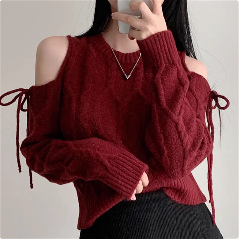 Off Shoulder Sweater Women – Lace Up Knit