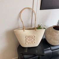 French-Style Woven Tote Bag Beach Vacation Style Single-Shoulder Bag, Large-Capacity Handbag Fashionable Market Basket Straw Bag
