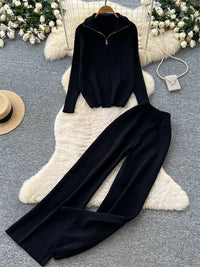 SINGREINY Women Fashion Simple Pants Suits Twist Drill Knit Zipper Sweater+Elastic Wide Leg Pants Autumn Knitted Casual 2Pcs Set