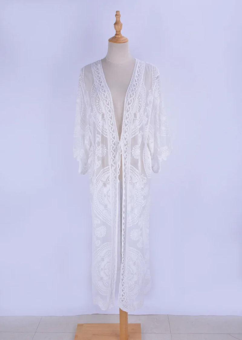 Sexy See through Long Lace Blouse Women Bikini Cover up Sheer Vintage Summer Cardigan Boho Beach Kaftan Robe Vestidos