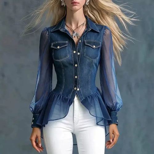 Denim and Mesh Patchwork Blouse with Waist-Cinching Ruffled Hem; Lapel-Collar, Double-Pocket, Puff-Sleeve Denim Shirt