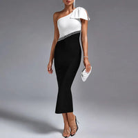 Elegant Slant Neck off Shoulder Dress Trendy Color Blocking Backless Evening Dress Sexy Hot Diamond Split Sleeveless Waist Dress
