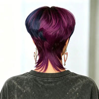 Short Mullet Wig Pixie Cut Wig Human Hair Gradient Purple Layered Full Machine Made Lightweight Cap for Halloween Music Festival