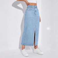 Women High Waist Light Blue Washed Denim Midi Skirt Front Slit Elastic Stretch Long Jean Skirt Casual