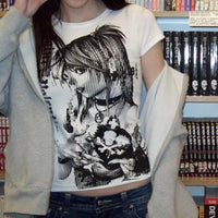 Y2K Anime Streetwear O-Neck 90S Text Printing Tops Women Harajuku Clothes Simple Vintage Crop Tee Aesthetic Emo Casual T-Shirt