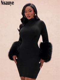 Faux Fur Long Sleeve Elegant New Fashion Casual Basic Pullover Black Dress Women Mini Sexy Club Evening Party Dress 20026