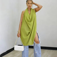Solid Chiffon Shirts & Blouses Woman Tops Y2K Halter V-Neck Sleeveless Backless Lace-Up Club Party Blusas De Mujeres