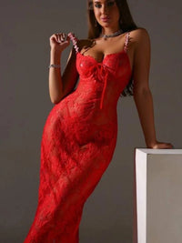 New Sexy Lace Mesh Transparent Embroidered Strap Dress Elegant Rose Red Long Dress V Neck 2025 New Fashion Tops QTZ9