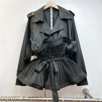 Shirt Women Ruffles Top Turn down Collar Pleated Lace up Tight Waist Overshirt Female Shirts Tops Spring 2026 Office Lady