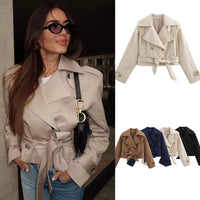2025 New Women'S British Wind Trench Coat Style Double-Breasted Long Sleeve Belt Lapel Jacket Short Coat