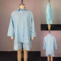 J2740 Fashion Women'S Sets Boutique Street Wear Long Sleeve Single Breasted Diamond Linen Shirt and Shorts 2 Piece Set