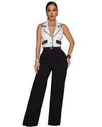 European and American Trendy Women'S Clothing with a Small Patchwork Sleeveless Wide-Leg Jumpsuit