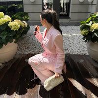 Lapel Women Suit Set Structured Shoulder Tie Waist Long Sleeve Blazer High Waist Wide Leg Trousers Two Piece Suit Daily Fashion