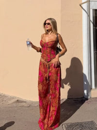 Floral 2 Piece Matching Sets Spaghetti Strap Lace up Corset Drawstring Wide Leg Long Pants Suit Women Chic Vacation Beach Outfit