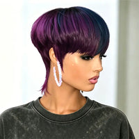 Short Mullet Wig Pixie Cut Wig Human Hair Gradient Purple Layered Full Machine Made Lightweight Cap for Halloween Music Festival