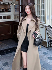 Spring Autumn Long Khaki Trench Coat for Women with Back High Slit Belt Elegant Chic Stylish Luxury Overcoat Women 2026