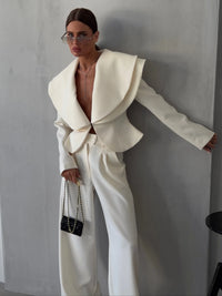 Laur 2026 Oversized Double Layer Lapel Cropped Blazer Two Piece Set High Waist Wide Leg Trousers Elegant Formal Matching Outfit