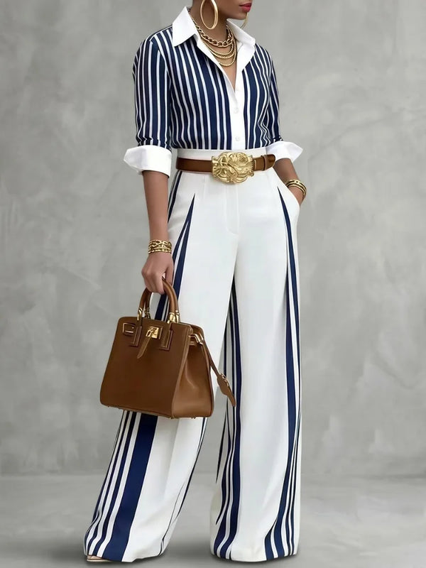 Yeezzi Women Formal Fashion Matching Set Contrast Color Striped Long Sleeve Lapel Blouse Wide Leg Full Length Pants 2 Piece Sets