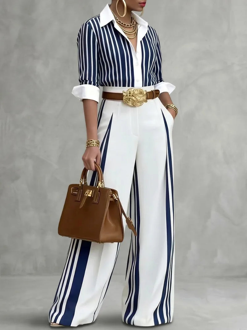 Yeezzi Women Formal Fashion Matching Set Contrast Color Striped Long Sleeve Lapel Blouse Wide Leg Full Length Pants 2 Piece Sets