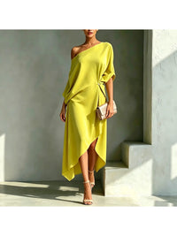Women One Shoulder Midi Dress Batwing Sleeve Waist Twist Knot Asymmetrical Hem Dress for Cocktail Party Evening Outfit