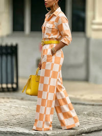 Yeezzi Women Fashion Orange White Plaid Matching Pants Loose High Waisted Wide Leg Office Casual Trousers Bottoms No Belt