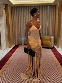 Tassel Hem Splicing Sling Dress Women Sexy Waist Hollow Out Stretch Pleated Bodycon Dresses Female Solid Summer Beach Party Robe