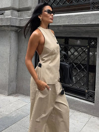 Women'S Solid Sleeveless Backless Buttoned Lace up Top & Wide-Leg Pants Two-Piece Set Spring Summer Casual Outings Street Style