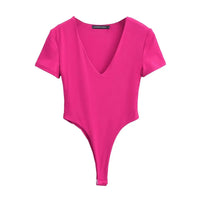 Women'S V-Neck Short Sleeve High Split Bodysuit Stretchable Slim Top Jumpsuit