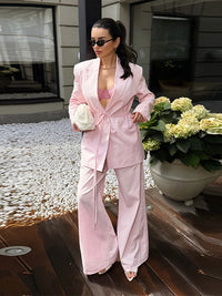Pink Drawstring Waisted Two Piece Set Structured Shoulder Lapel Collar Jacket Wide Leg Pants 2026 Autumn Commute Fashion Outfits