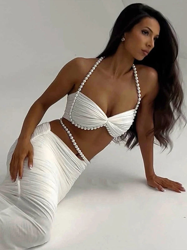 Sexy Bead Patchwork 2-Piece Set Women Ruched Halter Bra+Waistless Bottom Matching Elegant Beach Vacation Slim Outfits