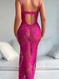 New Sexy Lace Mesh Transparent Embroidered Strap Dress Elegant Rose Red Long Dress V Neck 2025 New Fashion Tops QTZ9