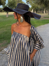 Women'S Vertical Stripe Print Strapless Maxi Dress off Shoulder Loose Fit Long Dresses 2026 Summer Fashion Elegant Casual Robe
