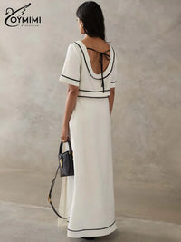 Oymimi Fashion White Cotton Two Piece Outfits Woman Elegant O-Neck Patchwork Short Sleeve Open Back Tops and Straight Skirts Set